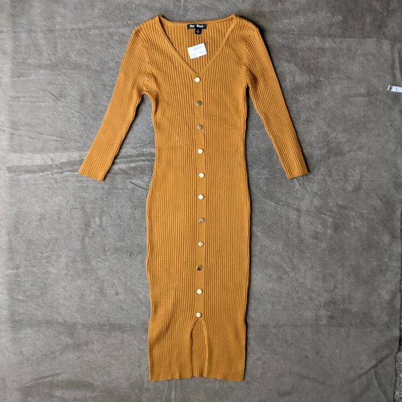 Women's Small Mustard Yellow Rib Knit Bodycon Button Up Dress with Slit - Picture 2 of 9